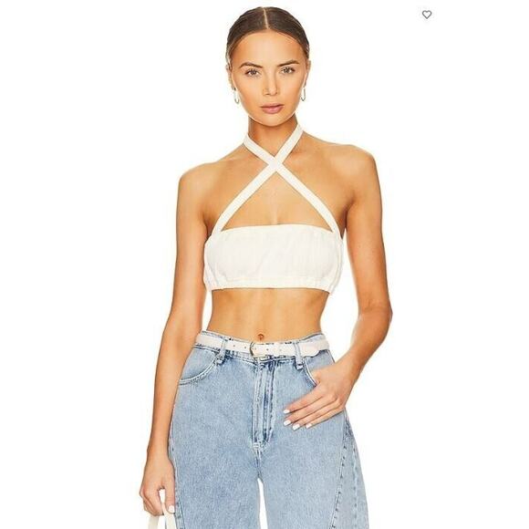New WeWoreWhat Women's Tie Halter Bra Top Wide Rib Ivory Summertime XS - Picture 1 of 6
